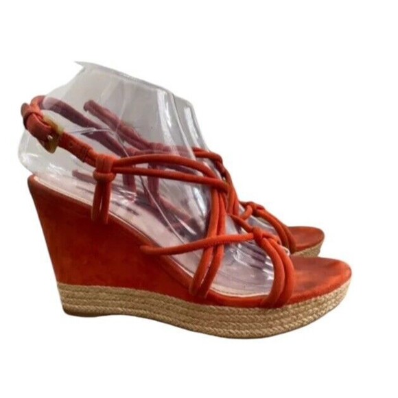 Prada Strappy Sandals Womens 7.5 Orange Suede Platform Wedge Slingback Shoes - Picture 1 of 9